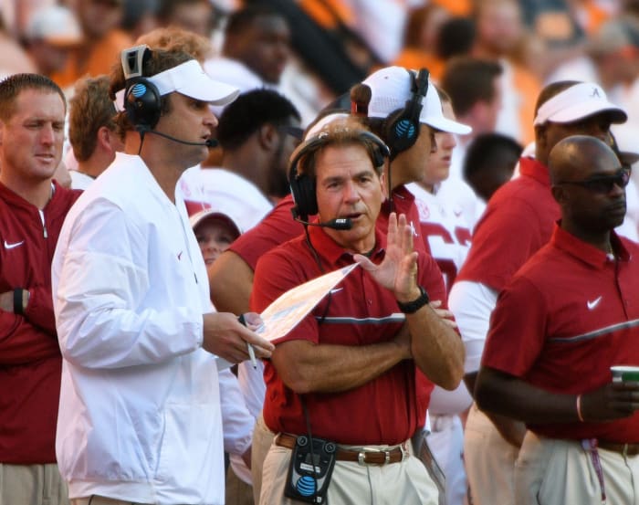 Alabama head coach Nick Saban and Lane Kiffin on sidelines during first half action against Tennessee in Neyland Stadium Saturday, Oct. 15, 2016 in Knoxville, Tenn. Bama Saban And Kiffin 2016